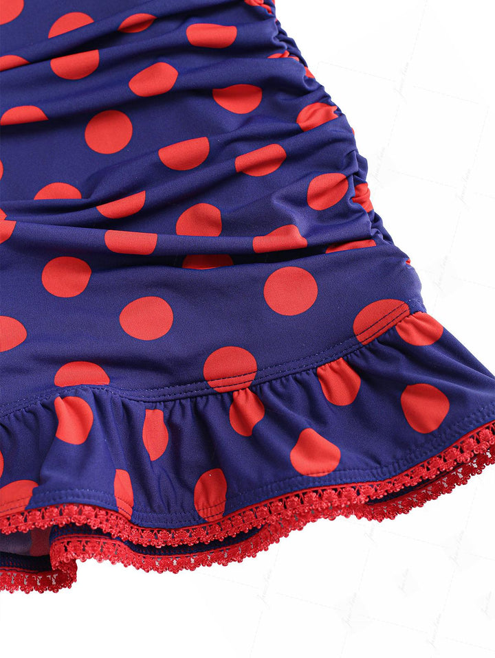 Midnight Blue Polka Dot Ruched Ruffles Halter Skirted One-piece Swimsuit