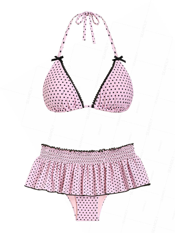 Seamolly Polka Dot Lace Bowknot Smocked Ruffles Skirtini Bikini Set