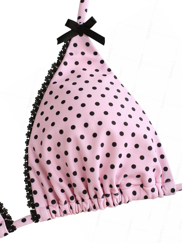 Seamolly Polka Dot Lace Bowknot Smocked Ruffles Skirtini Bikini Set