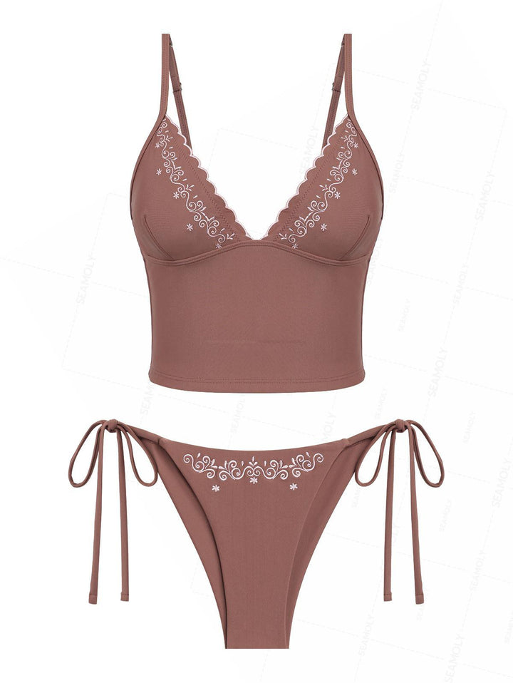 Seamolly Embroidered Scalloped Edge Cami Tank Top & Brazilian Bottom Tankini Set