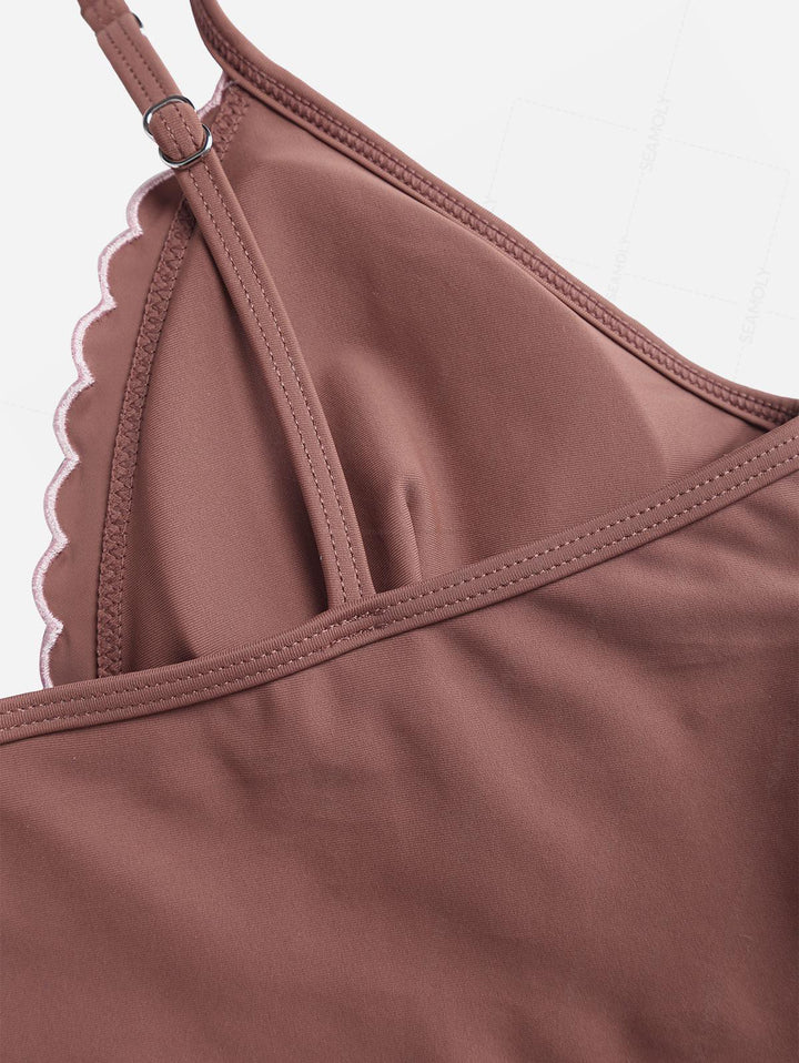 Seamolly Embroidered Scalloped Edge Cami Tank Top & Brazilian Bottom Tankini Set