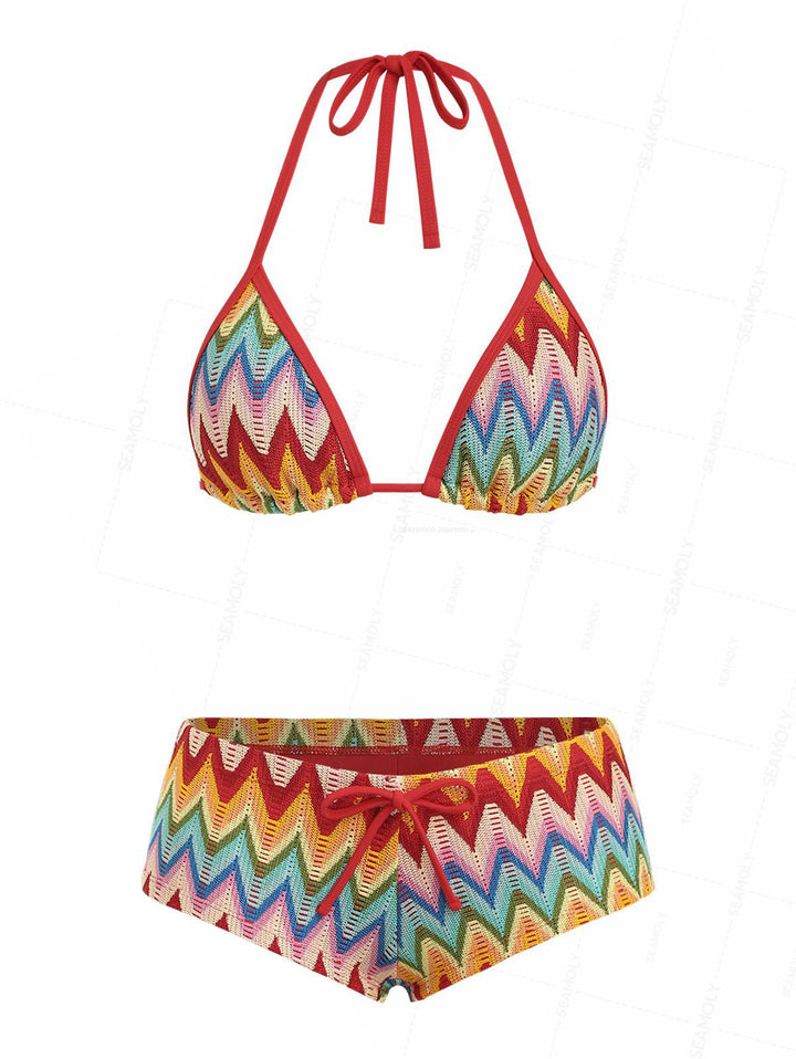 Seamolly Crochet Chevron Contrast Binding Cheeky Boyshorts Bikini Set
