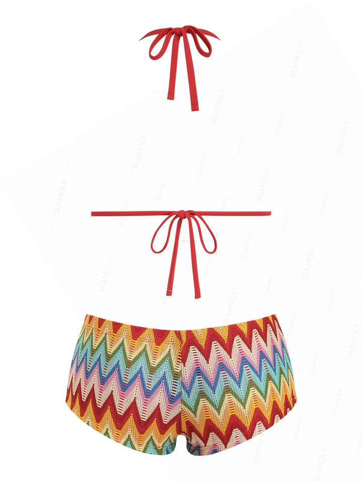 Seamolly Crochet Chevron Contrast Binding Cheeky Boyshorts Bikini Set