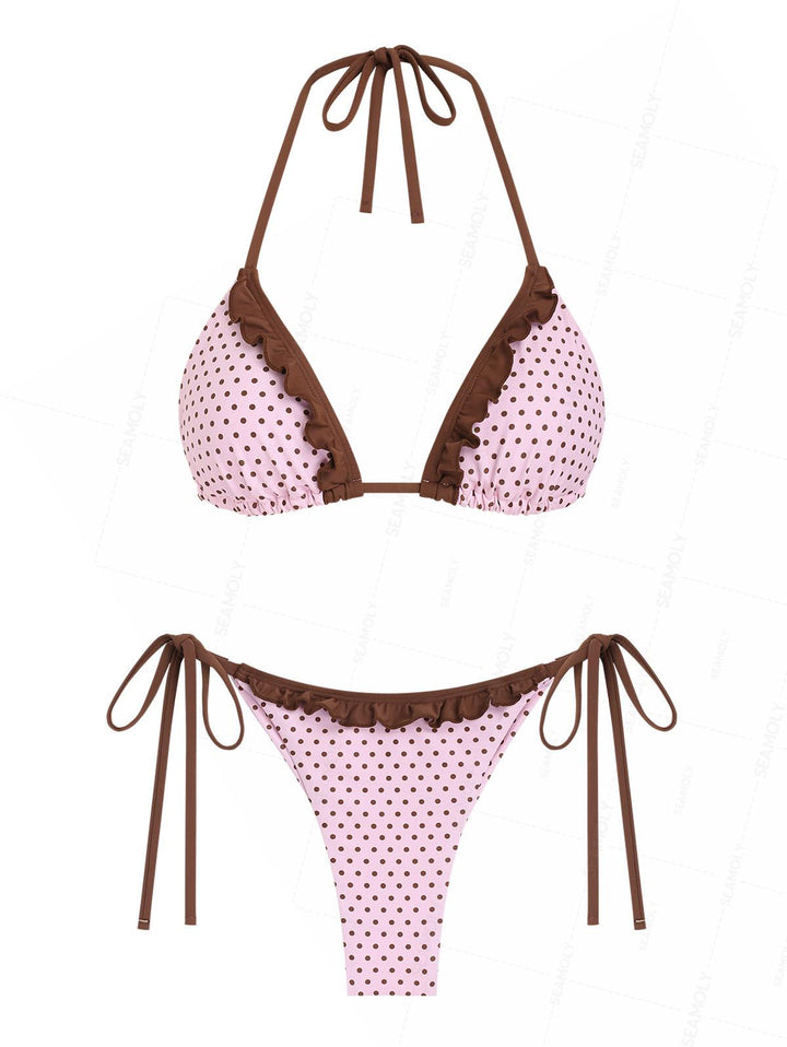 Seamolly Polka Dot Print Ruffles Triangle Top & Brazilian Bottom Bikini Set