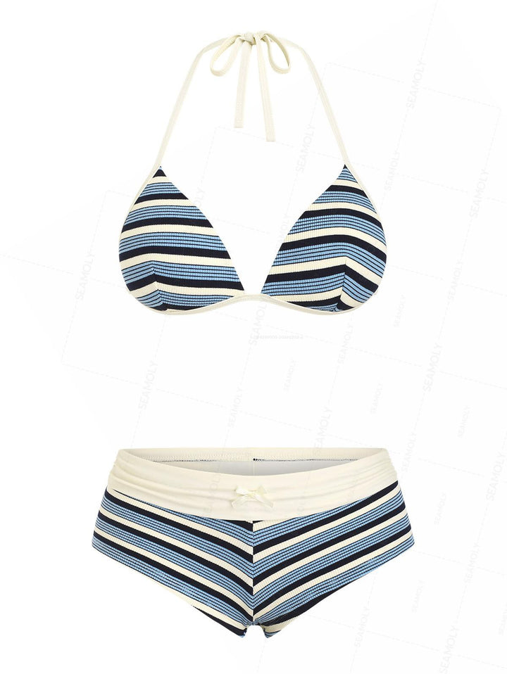 Seamolly Y2K Striped Molded Cups Triangle Top & Foldover Cheeky Boyshorts Bikini Set