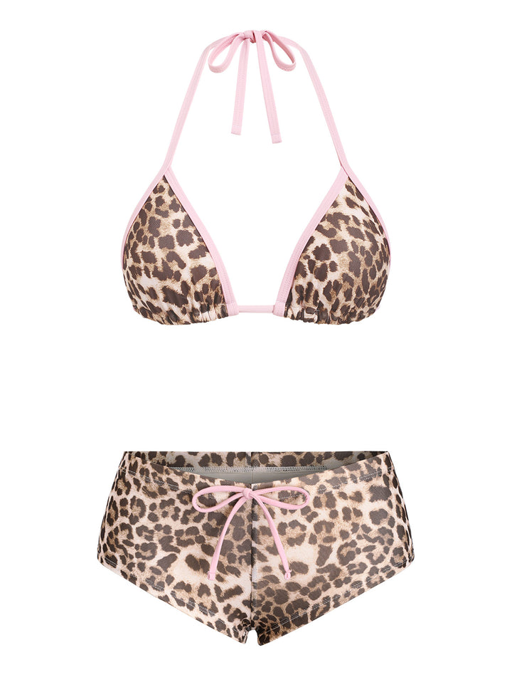 Seamolly Mesh Leopard Print Contrast Binding Cheeky Boyshorts Bikini Set