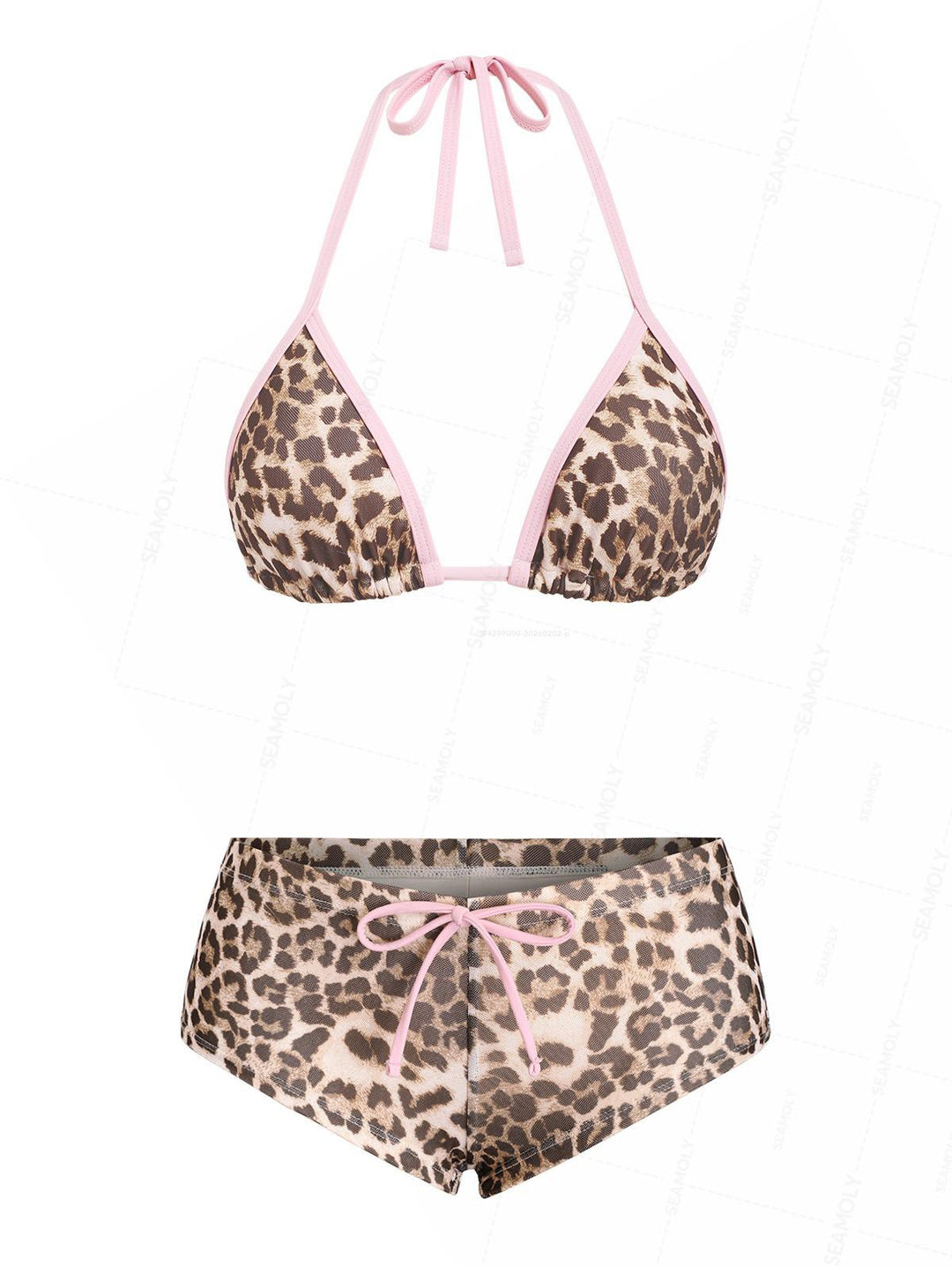 Seamolly Mesh Leopard Print Contrast Binding Cheeky Boyshorts Bikini Set