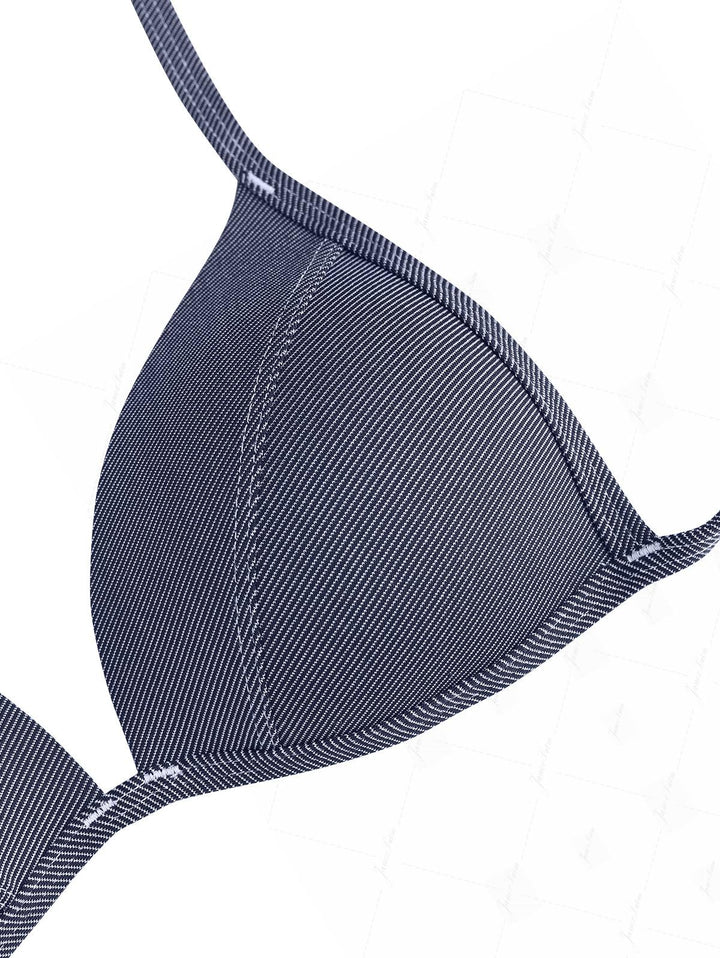 Deep Blue Denim Fabric Triangle Push Up Top & Cheeky Boyshorts Bikini Set