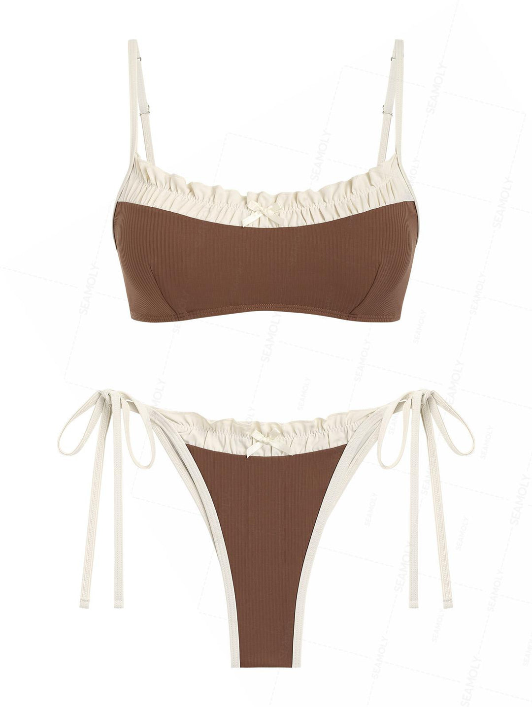 Seamolly Ribbed Ruched Ruffles Top & Cheeky Brazilian Bottom Bikini Set