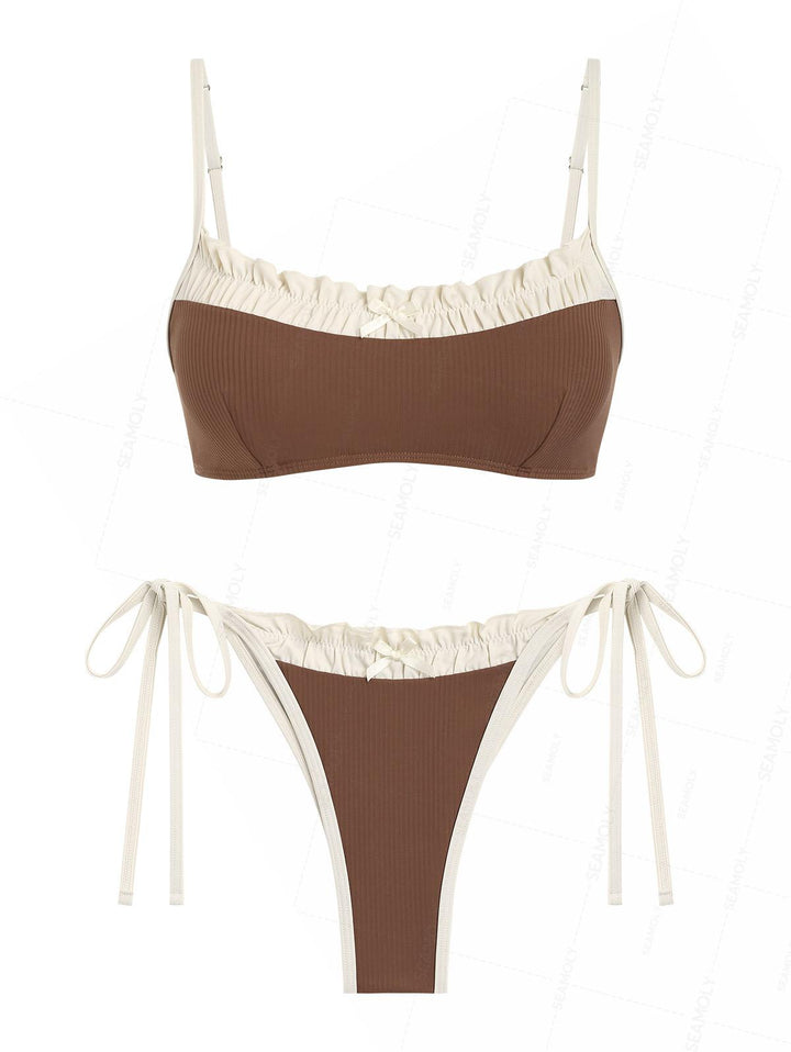 Seamolly Ribbed Ruched Ruffles Top & Cheeky Brazilian Bottom Bikini Set