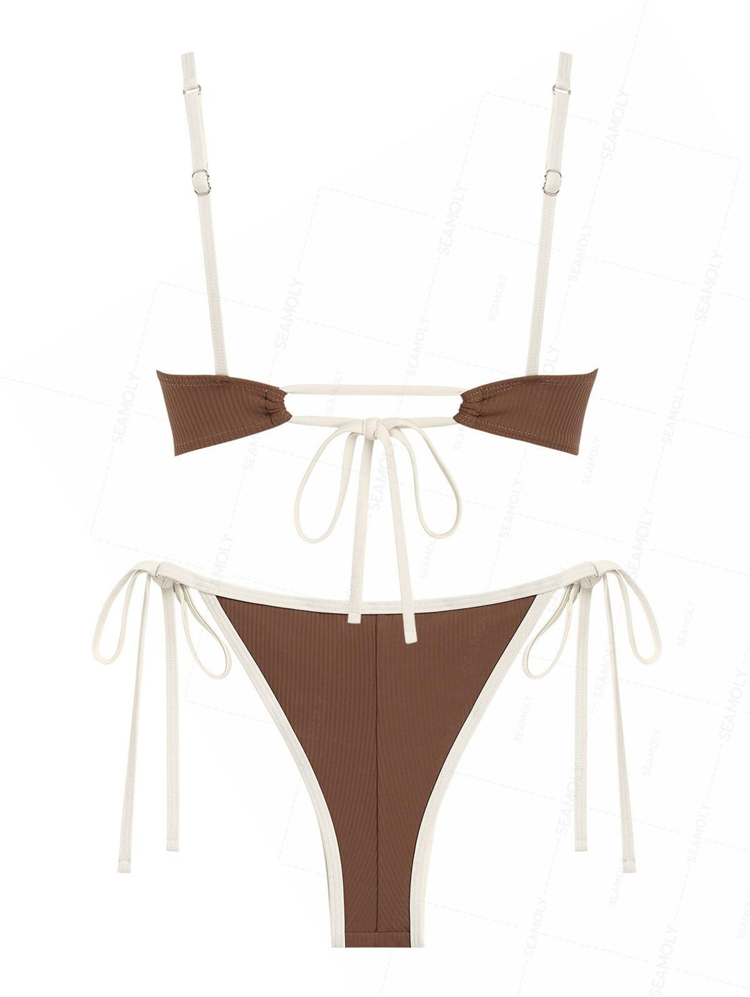 Seamolly Ribbed Ruched Ruffles Top & Cheeky Brazilian Bottom Bikini Set