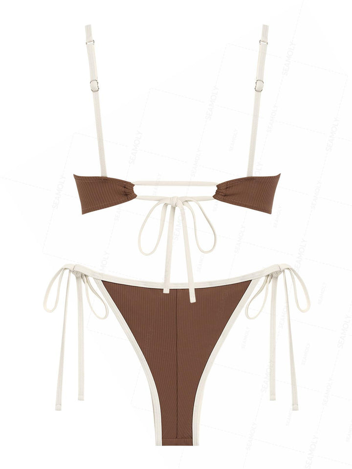 Seamolly Ribbed Ruched Ruffles Top & Cheeky Brazilian Bottom Bikini Set