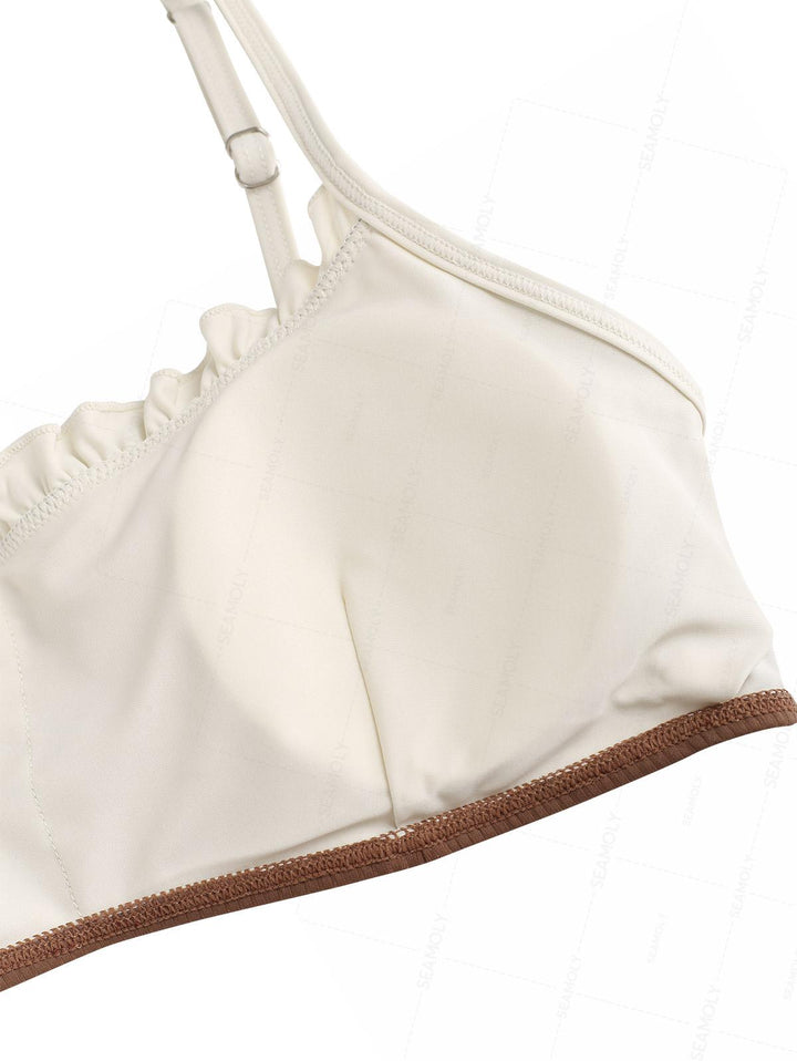 Seamolly Ribbed Ruched Ruffles Top & Cheeky Brazilian Bottom Bikini Set