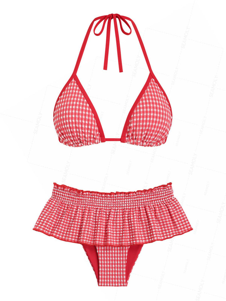 Seamolly Gingham Contrast Binding Smocked Ruffles Skirtini Bikini Set