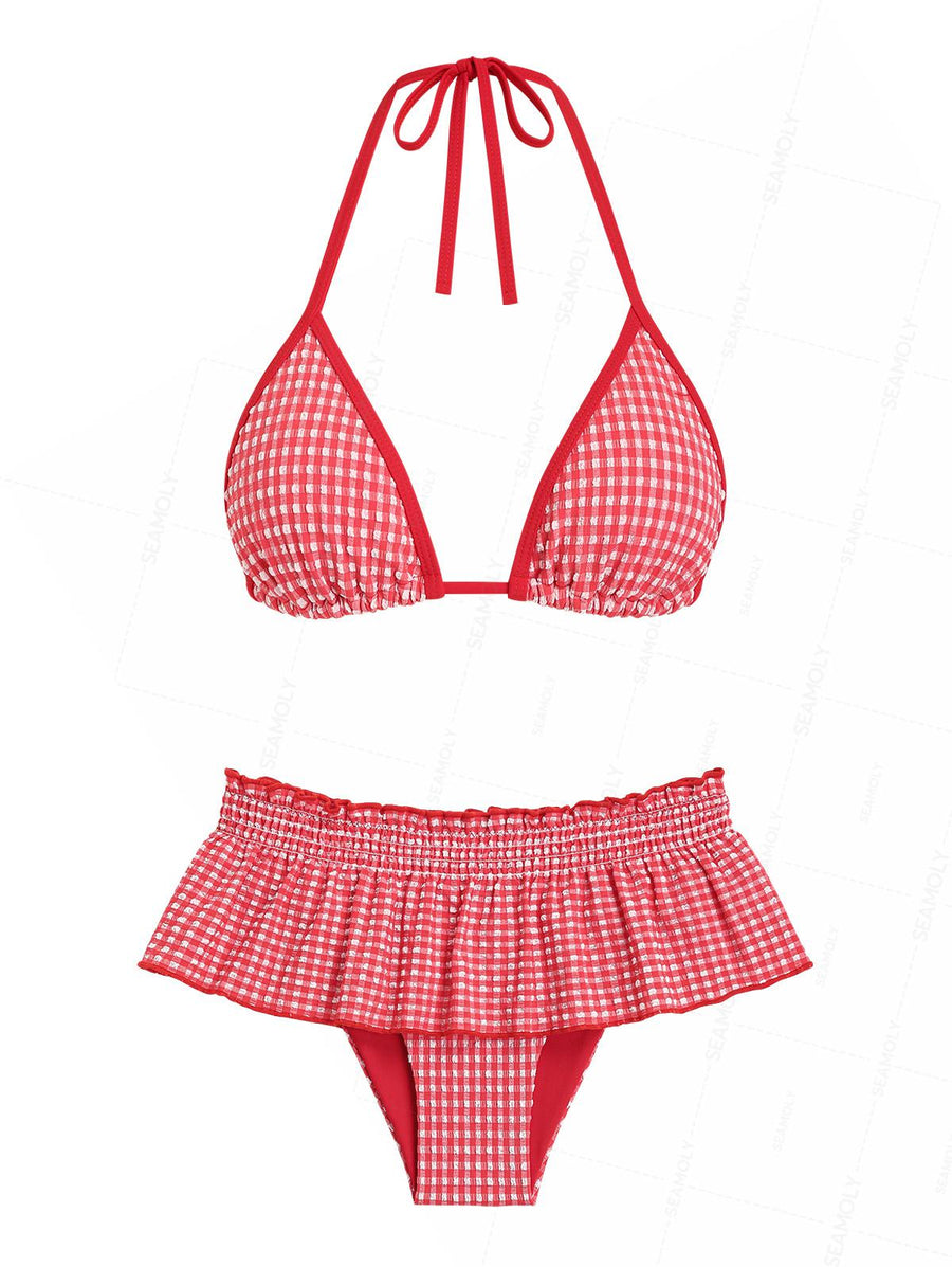 Seamolly Gingham Textured Bowknot Cinched Underwire Bikini Set main image 1