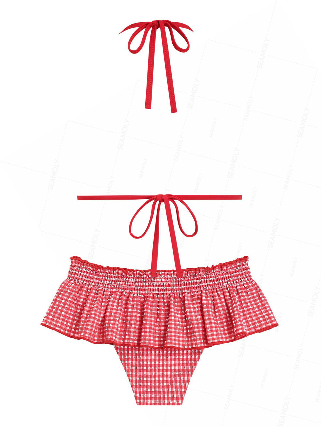 Seamolly Gingham Contrast Binding Smocked Ruffles Skirtini Bikini Set