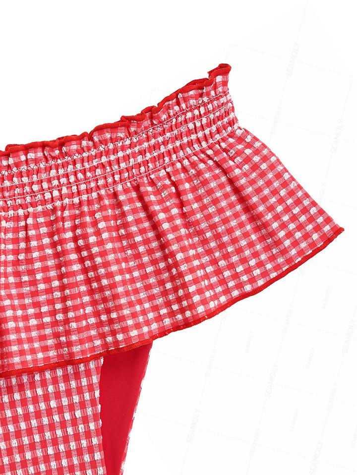 Seamolly Gingham Contrast Binding Smocked Ruffles Skirtini Bikini Set