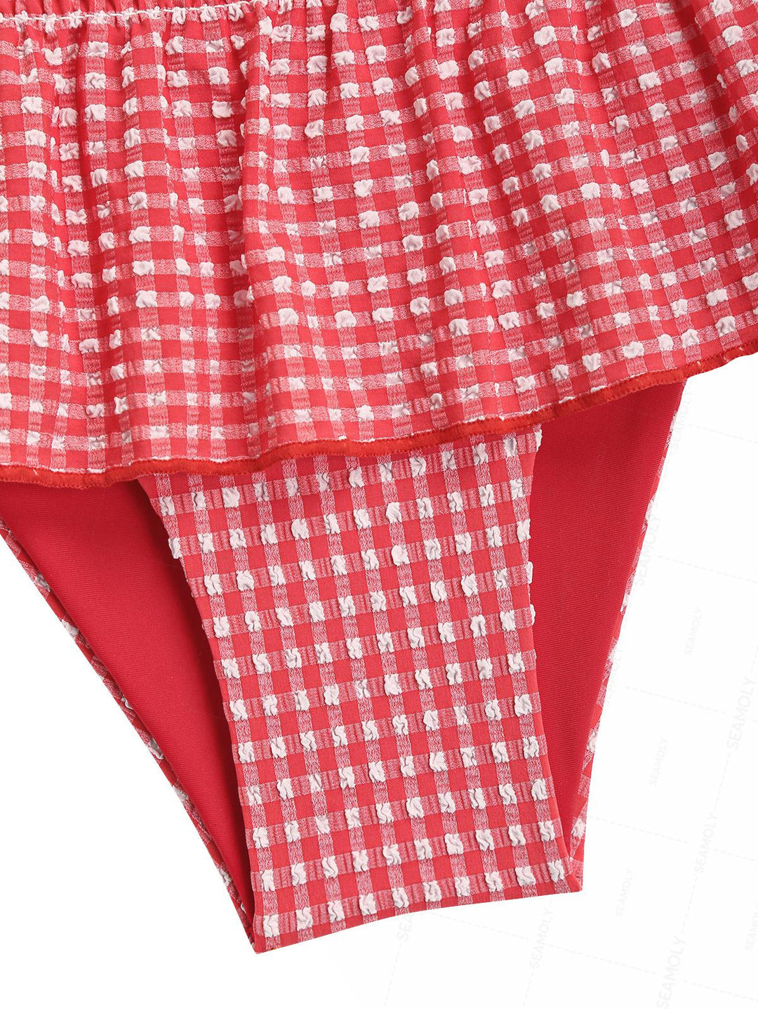 Seamolly Gingham Contrast Binding Smocked Ruffles Skirtini Bikini Set