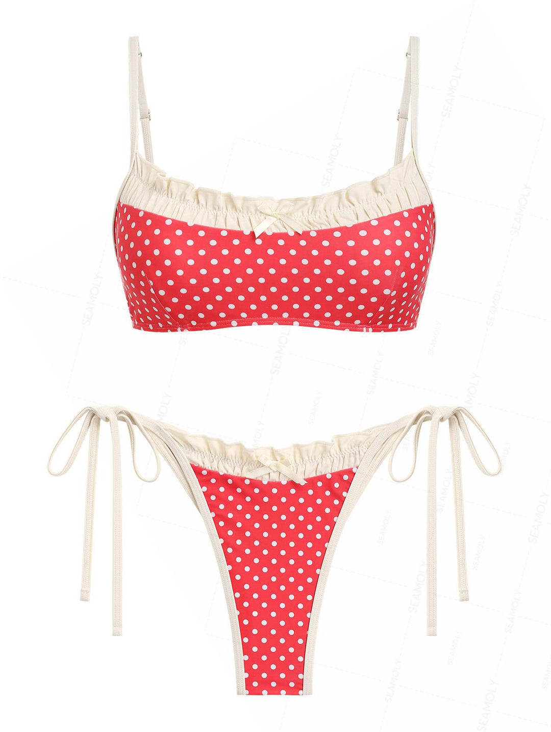 Seamolly Polka Dot Ruched Ruffles Top & Cheeky Brazilian Bottom Bikini Set