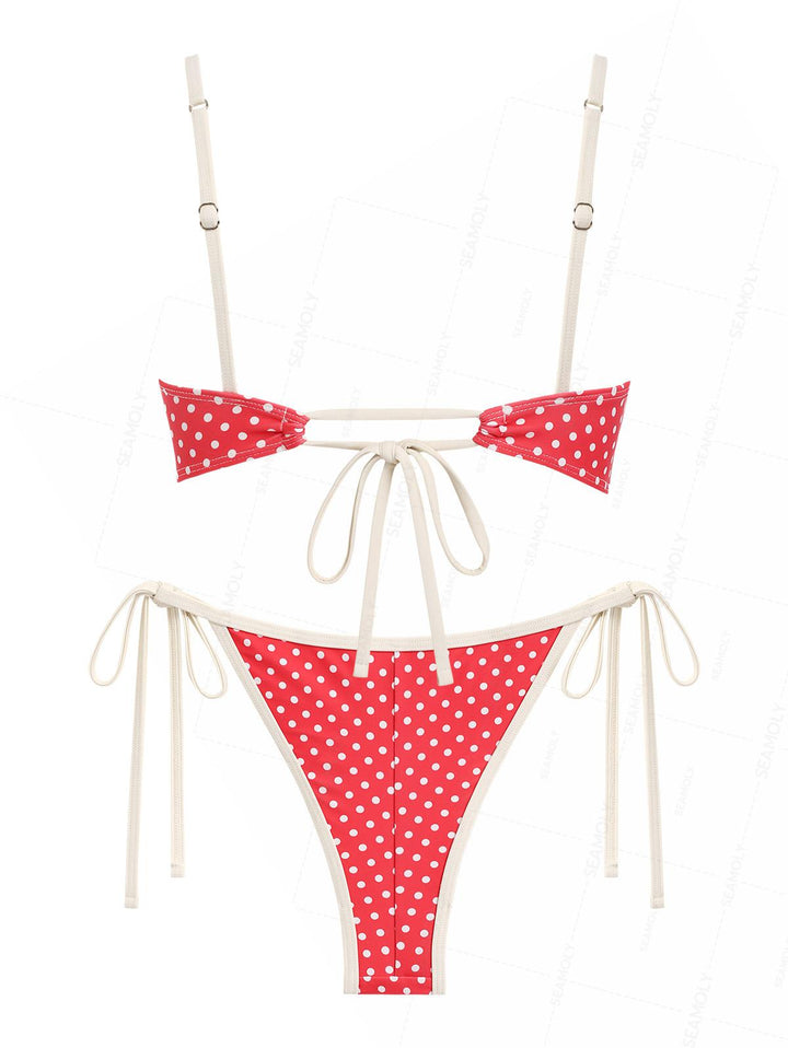 Seamolly Polka Dot Ruched Ruffles Top & Cheeky Brazilian Bottom Bikini Set