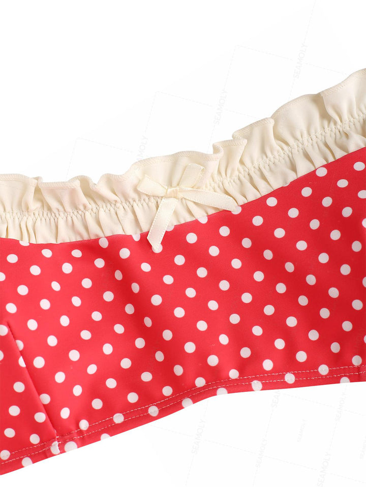 Seamolly Polka Dot Ruched Ruffles Top & Cheeky Brazilian Bottom Bikini Set