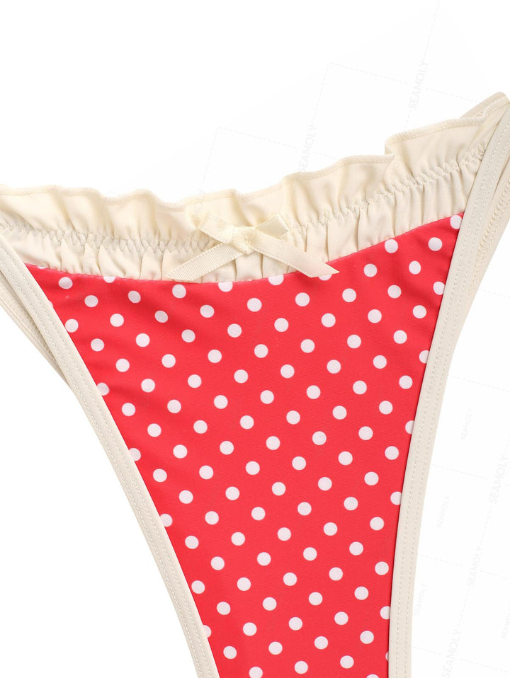 Seamolly Polka Dot Ruched Ruffles Top & Cheeky Brazilian Bottom Bikini Set