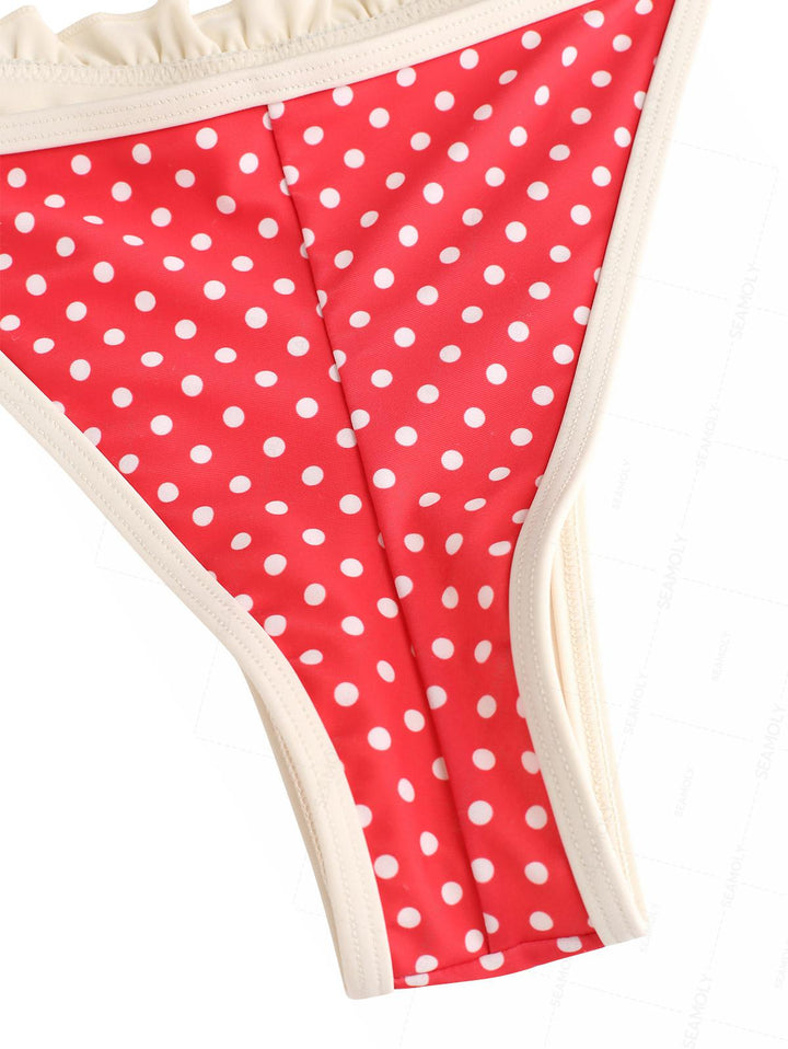 Seamolly Polka Dot Ruched Ruffles Top & Cheeky Brazilian Bottom Bikini Set