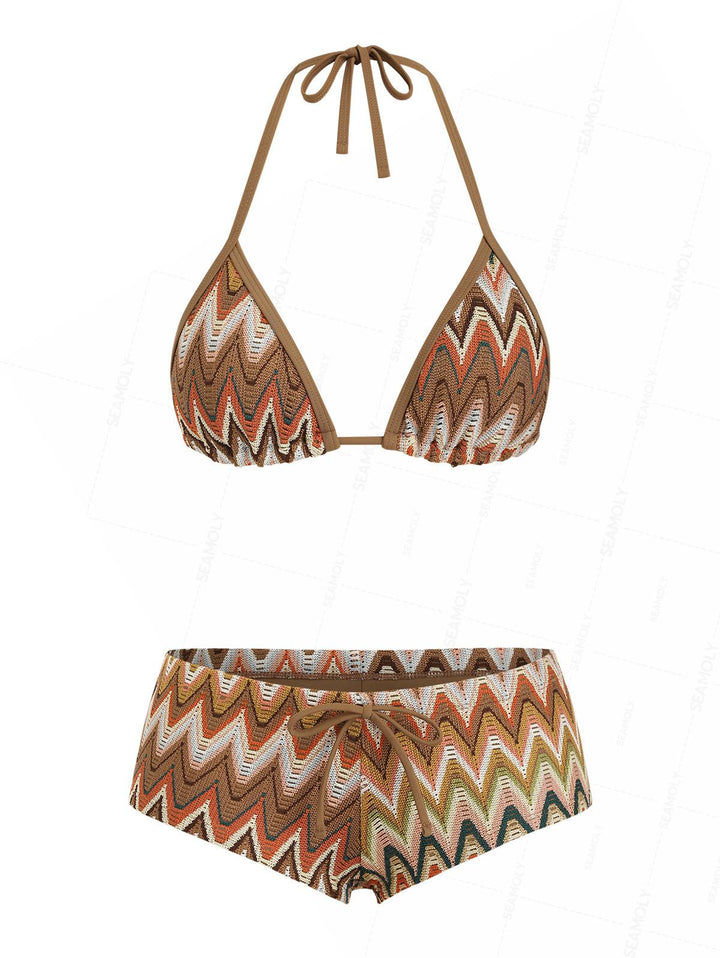 Seamolly Crochet Chevron Contrast Binding Cheeky Boyshorts Bikini Set