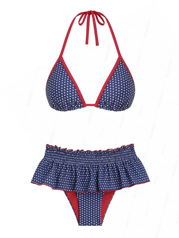 Seamolly Polka Dot Print Contrast Binding Smocked Ruffles Skirtini Bikini Set