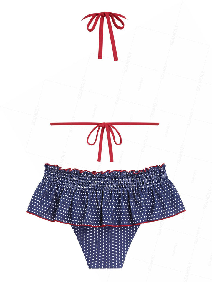 Seamolly Polka Dot Print Contrast Binding Smocked Ruffles Skirtini Bikini Set