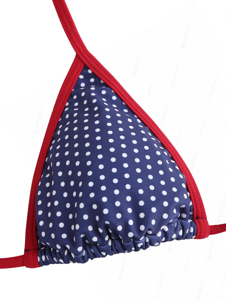 Seamolly Polka Dot Print Contrast Binding Smocked Ruffles Skirtini Bikini Set