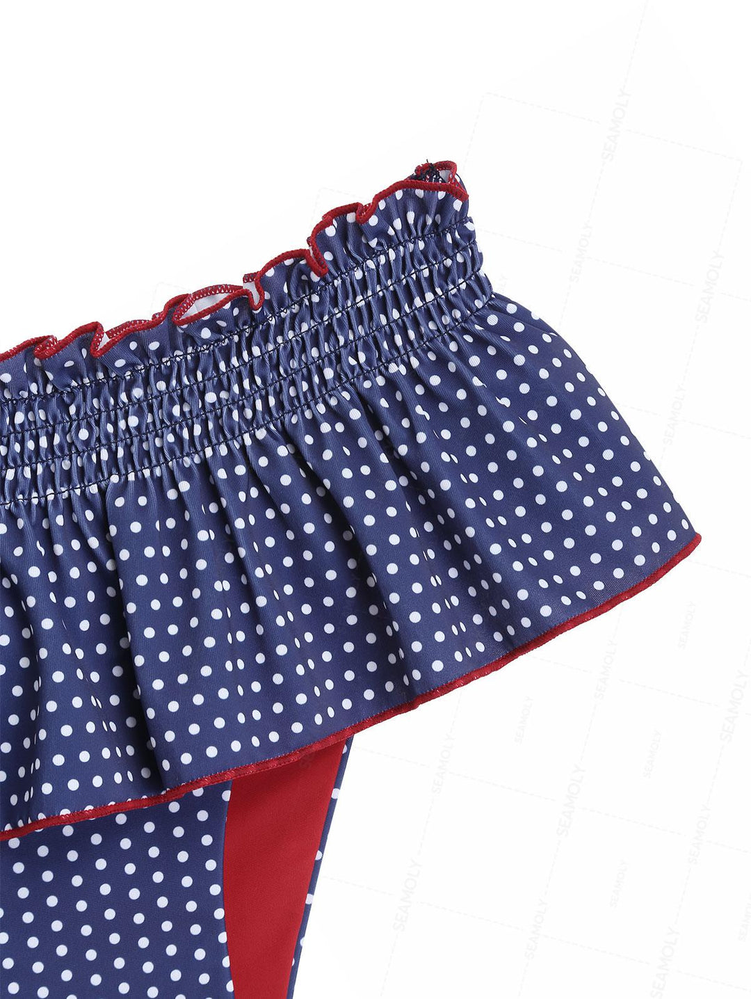 Seamolly Polka Dot Print Contrast Binding Smocked Ruffles Skirtini Bikini Set