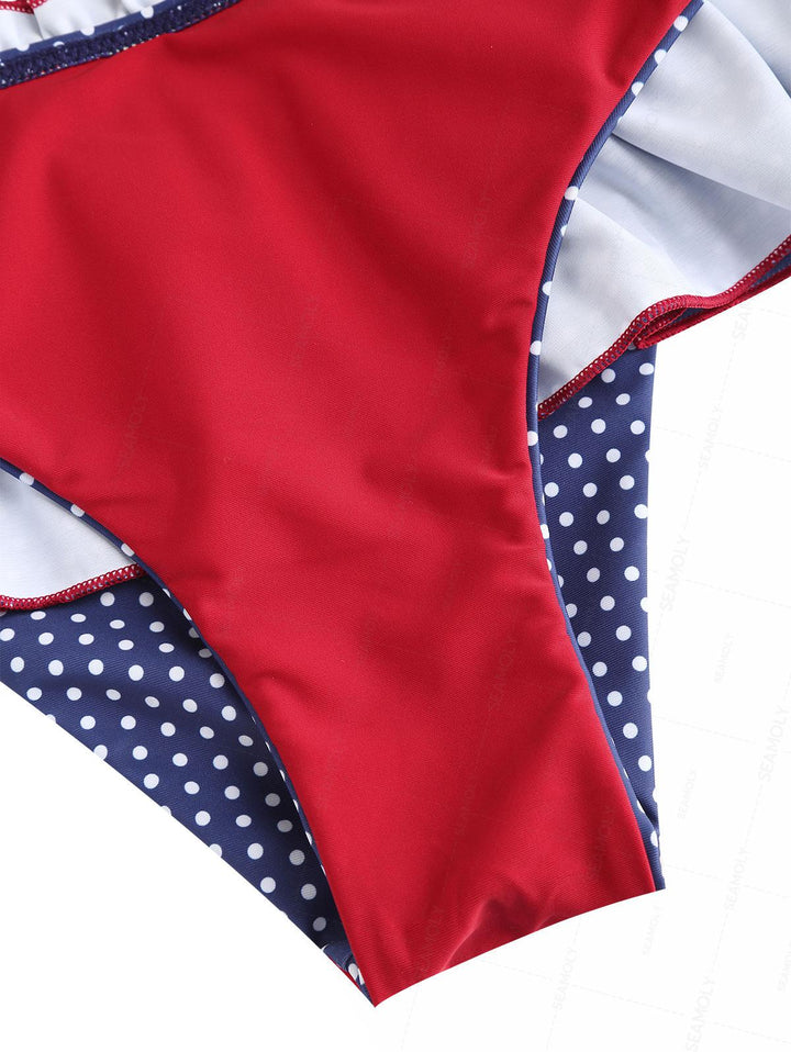 Seamolly Polka Dot Print Contrast Binding Smocked Ruffles Skirtini Bikini Set