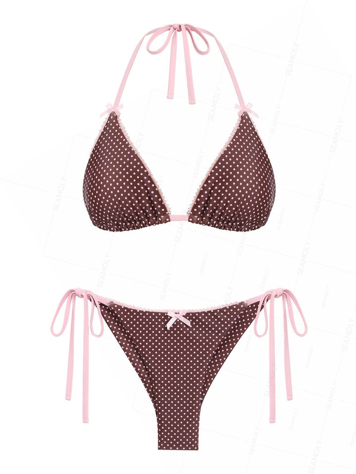 Seamolly Polka Dot Lace Bowknot Triangle Top & Cheeky Brazilian Bottom Bikini Set