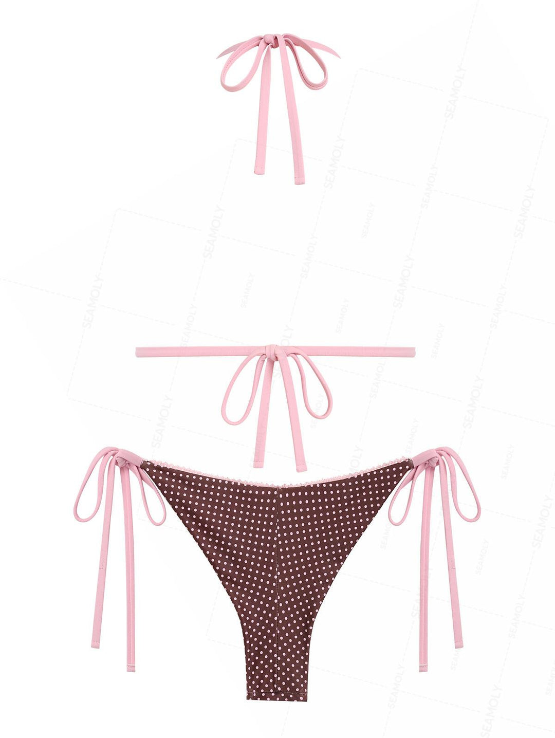 Seamolly Polka Dot Lace Bowknot Triangle Top & Cheeky Brazilian Bottom Bikini Set