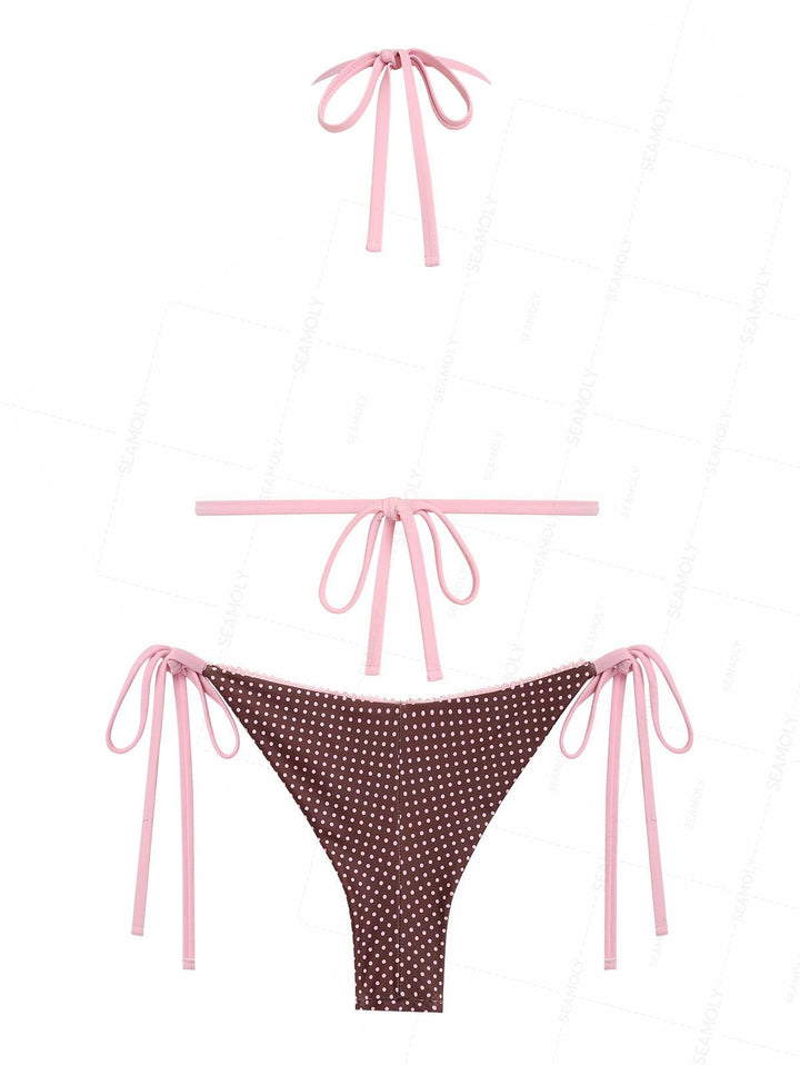 Seamolly Polka Dot Lace Bowknot Triangle Top & Cheeky Brazilian Bottom Bikini Set