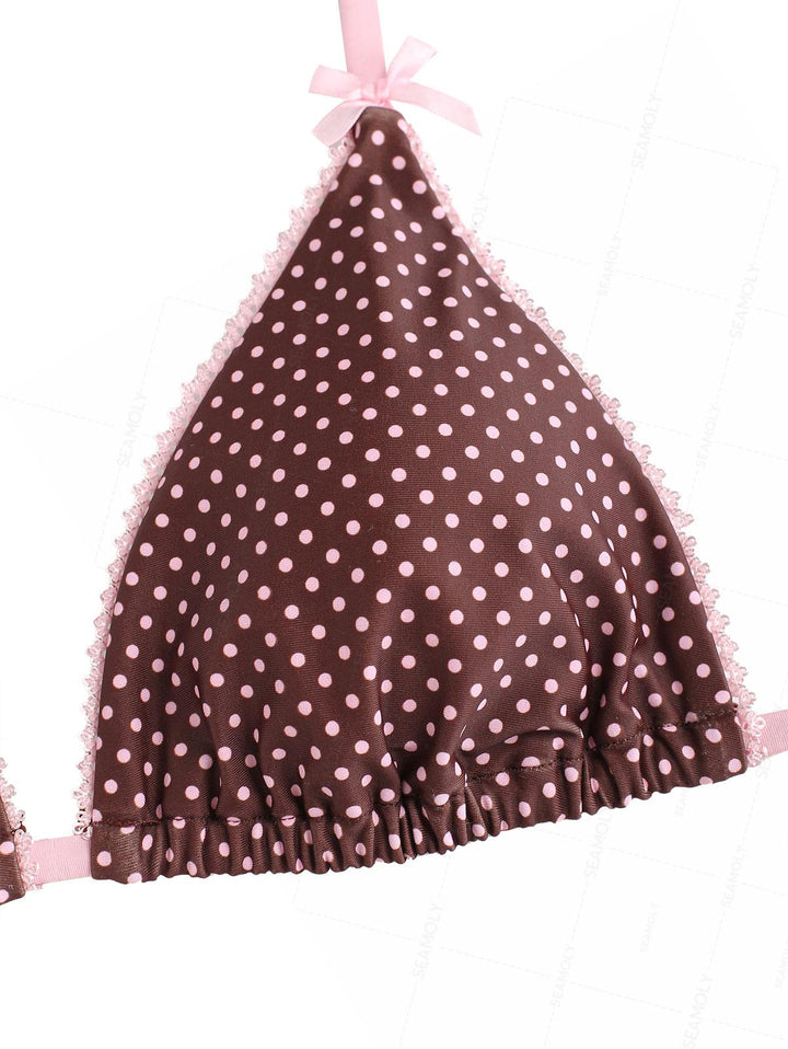 Seamolly Polka Dot Lace Bowknot Triangle Top & Cheeky Brazilian Bottom Bikini Set