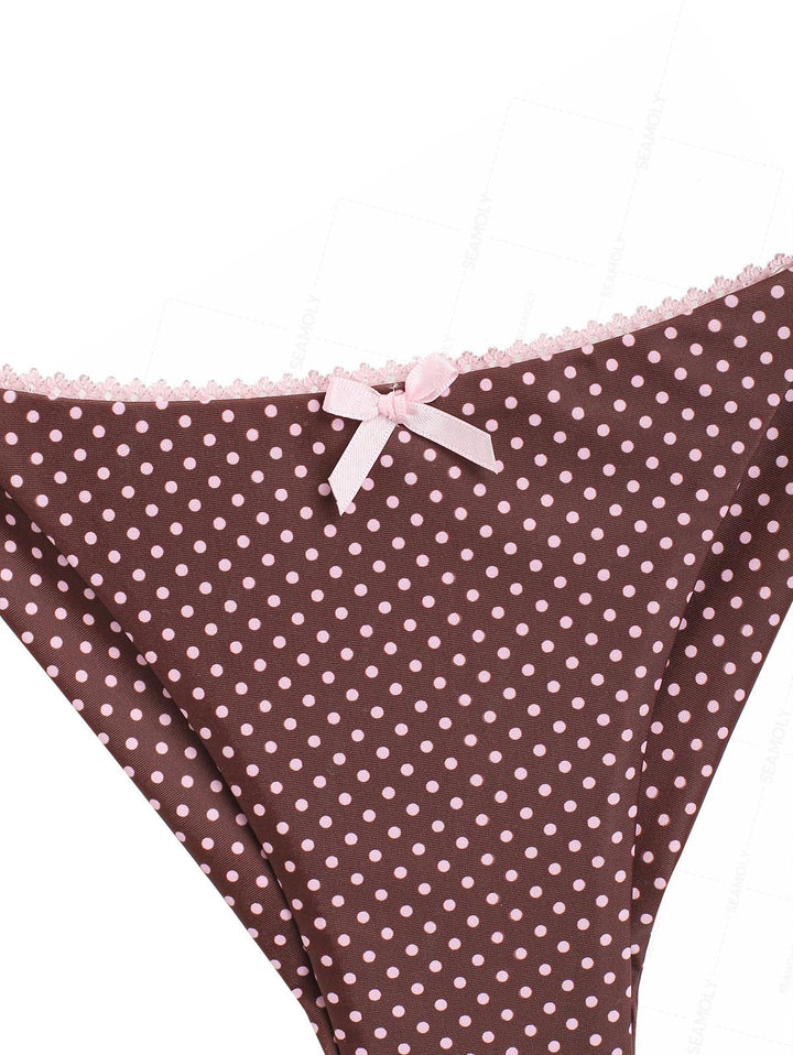 Seamolly Polka Dot Lace Bowknot Triangle Top & Cheeky Brazilian Bottom Bikini Set
