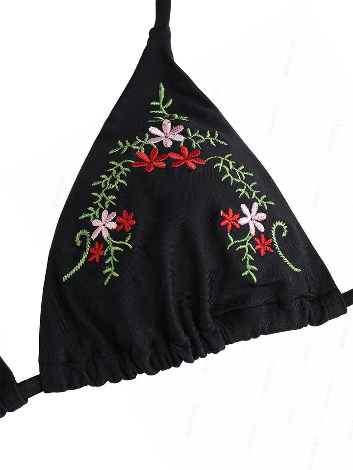 Seamolly Vintage Embroidery Halter Triangle Top & Cheeky Brazilian Bottom Bikini Set