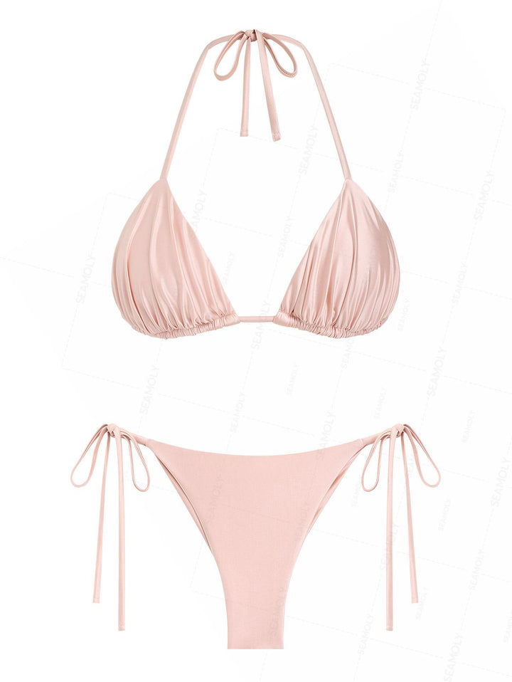 Seamolly Satin Ruched Halter Triangle Top & Brazilian Bottom Bikini Set