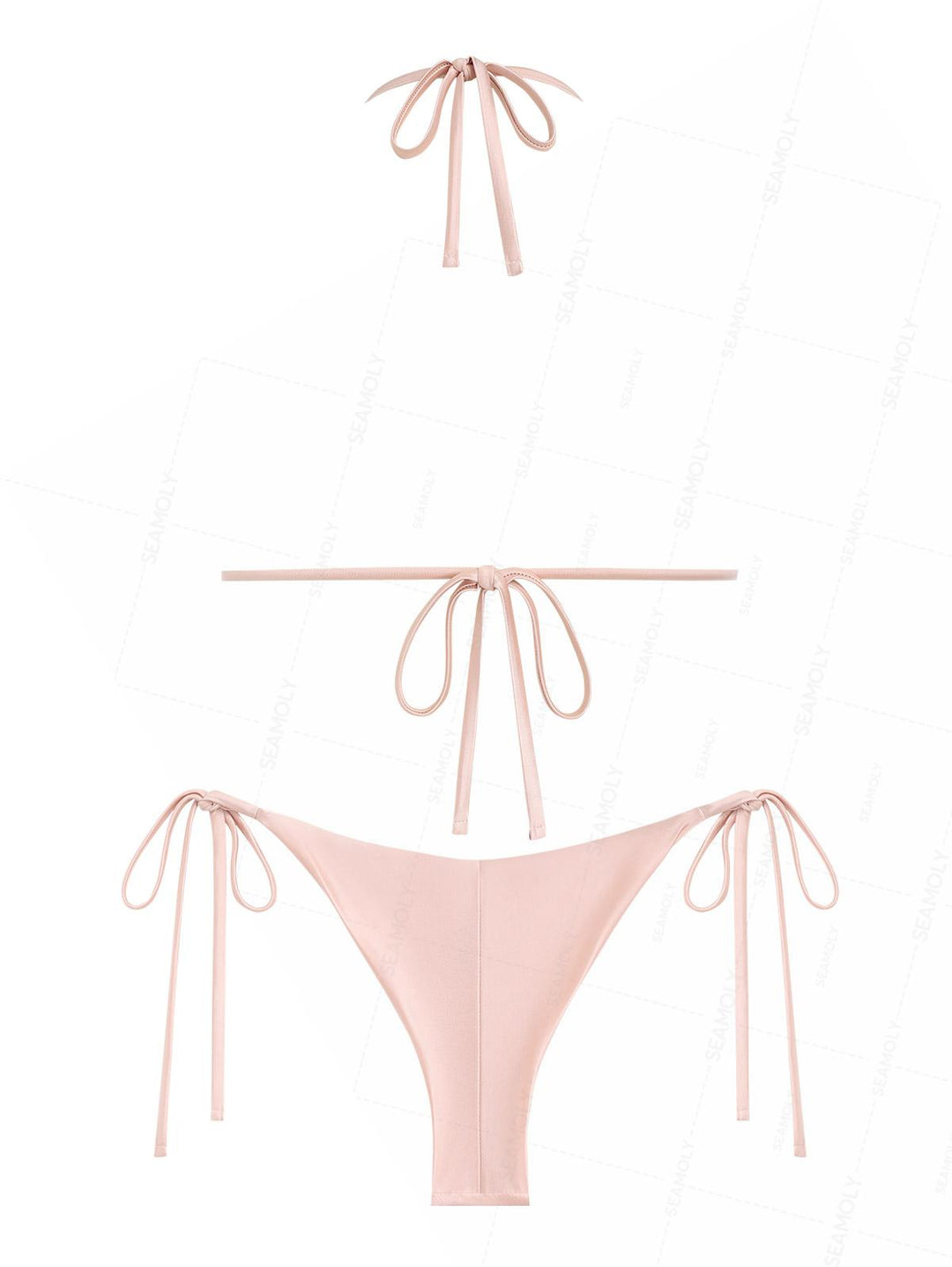 Seamolly Satin Ruched Halter Triangle Top & Brazilian Bottom Bikini Set