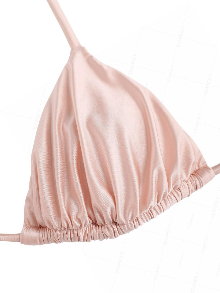 Seamolly Satin Ruched Halter Triangle Top & Brazilian Bottom Bikini Set