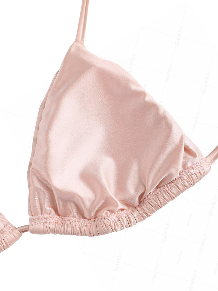 Seamolly Satin Ruched Halter Triangle Top & Brazilian Bottom Bikini Set