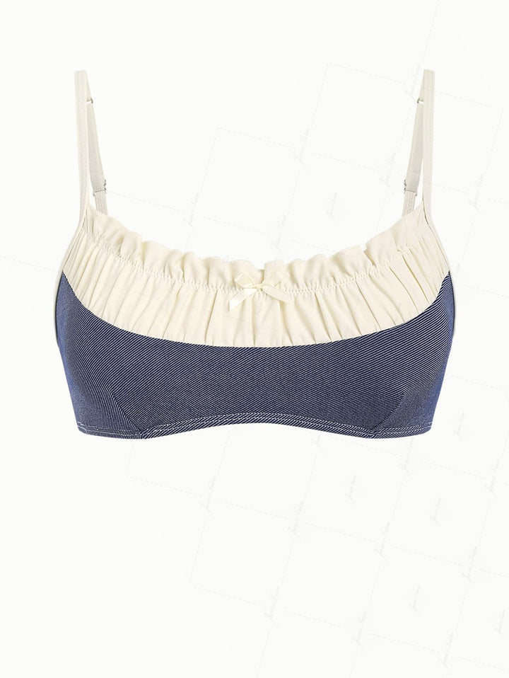 Deep Blue Denim Spliced Ruched Ruffles Trim Bowknot Bikini Top