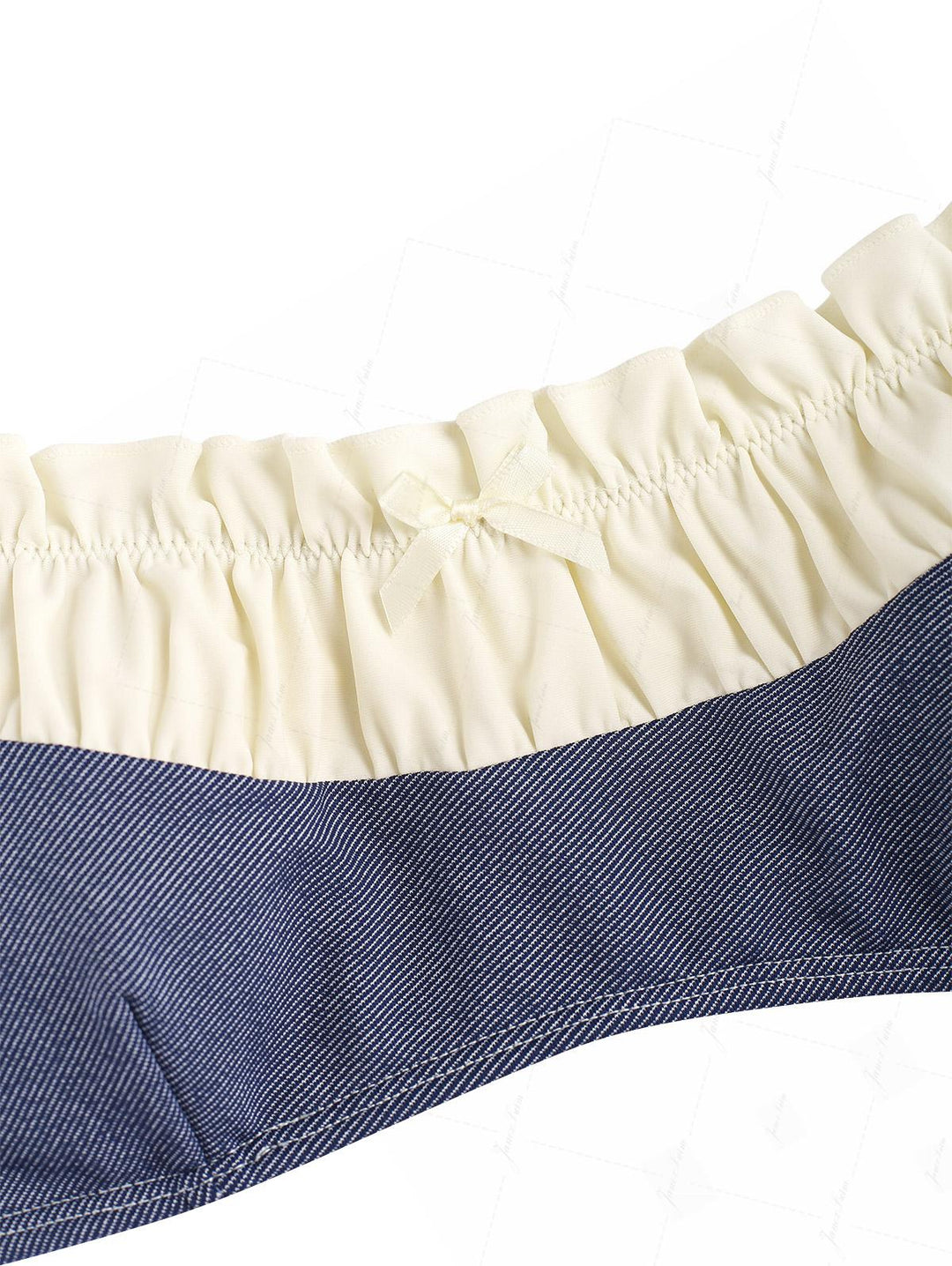 Deep Blue Denim Spliced Ruched Ruffles Trim Bowknot Bikini Top