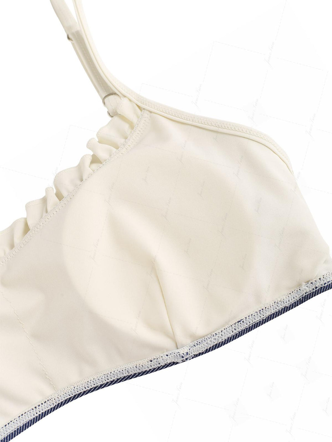 Deep Blue Denim Spliced Ruched Ruffles Trim Bowknot Bikini Top