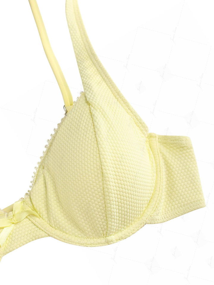 Light Yellow Textured Knit Fabric Underwire Top & Cheeky Brazilian Bottom Bikini Set