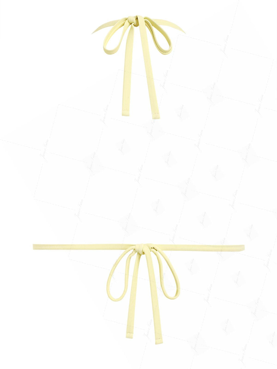 Light Yellow Textured Knit Fabric Lace Bowknot Halter Triangle Bikini Top