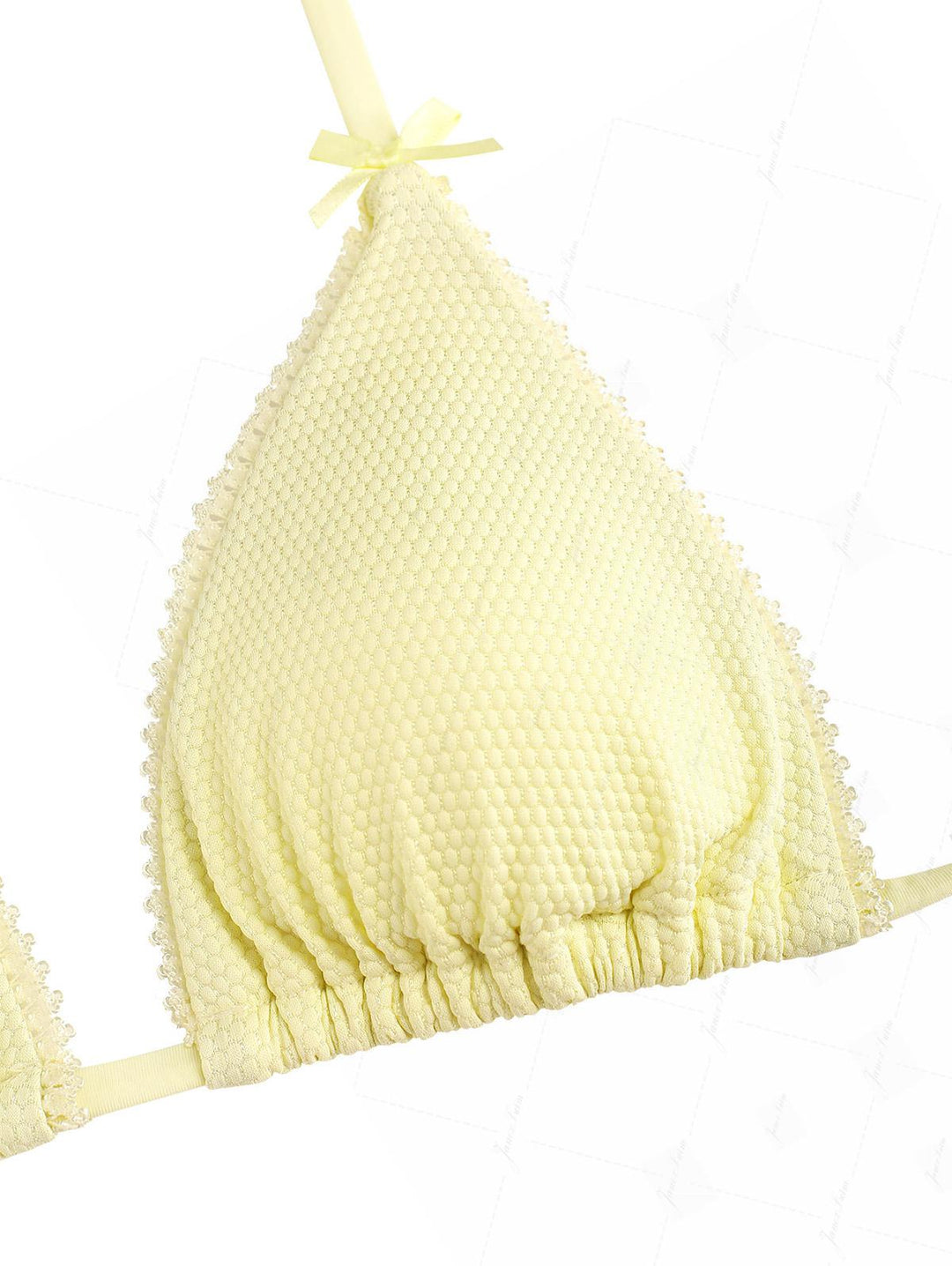 Light Yellow Textured Knit Fabric Lace Bowknot Halter Triangle Bikini Top