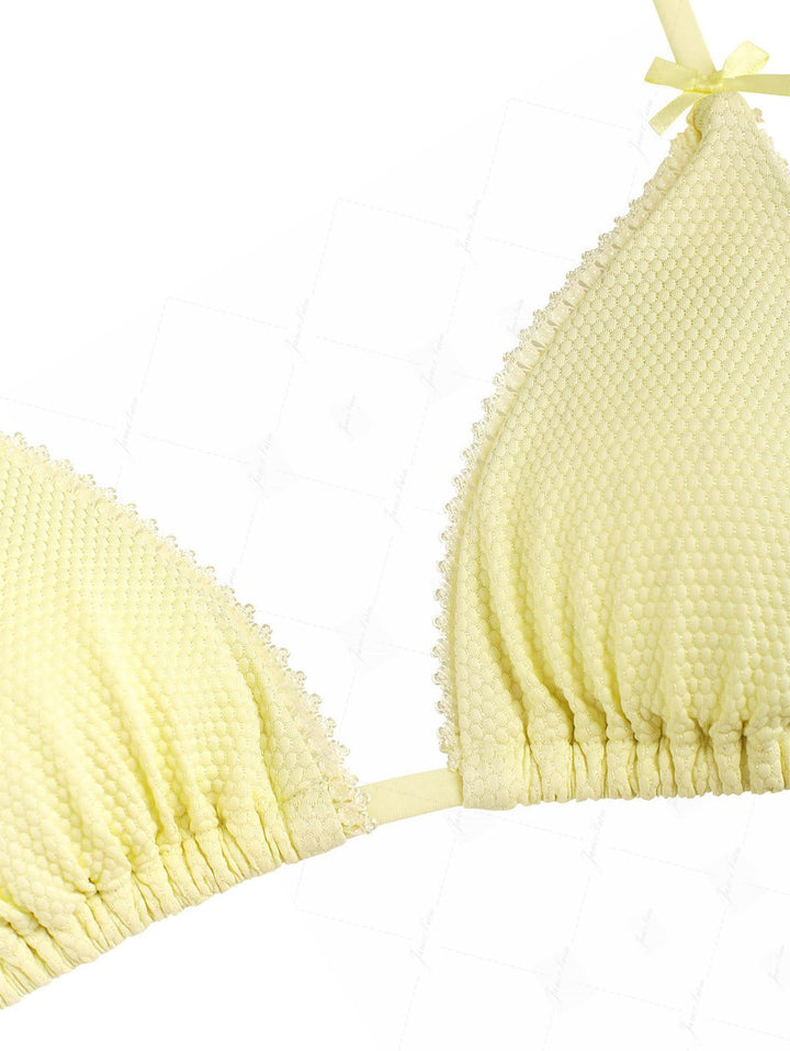 Light Yellow Textured Knit Fabric Lace Bowknot Halter Triangle Bikini Top